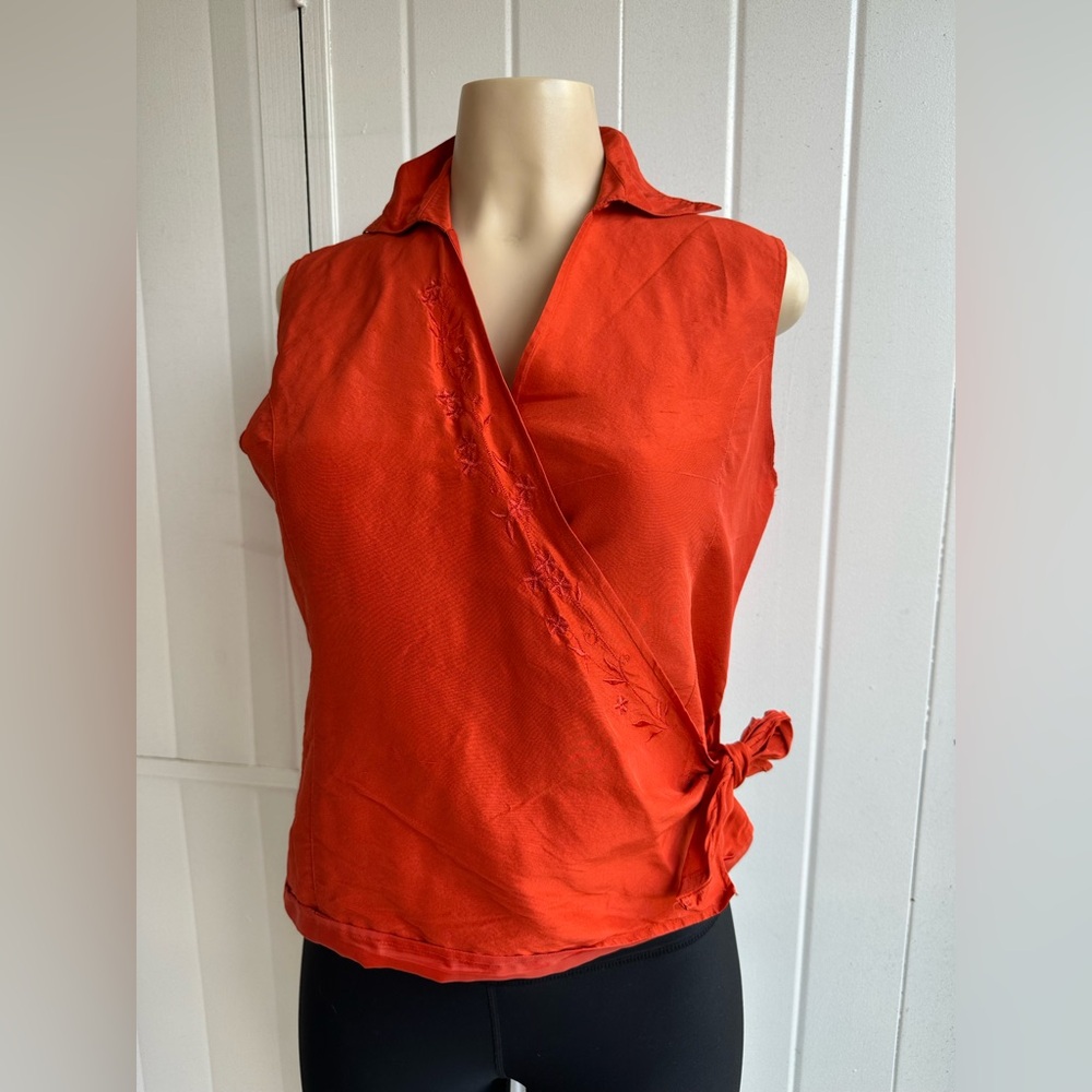 Ultra Dress New York Women's Red-Orange Silk Embroidered Sleeveless WrapBlouse